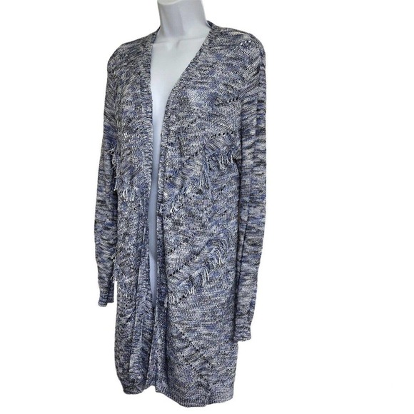 89th and Madison Cardigan Sweater Long Open Front Blue White Fringe Details - Picture 2 of 15